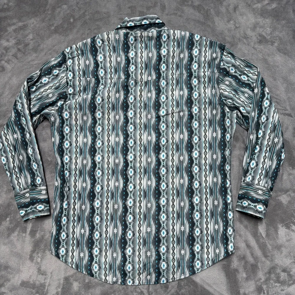 Wrangler Brush Popper Shirt Mens Large Blue Aztec Southwestern‎ Pearl Snap